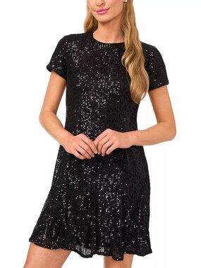 $99 CeCe Women's Short Sleeve Godet Sequin Dress Black Size L